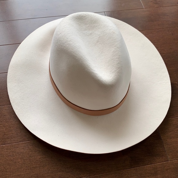 NWT Rag & Bone Off White Wool Wide Brim Floppy Fedora Tan Leather Hatband Large - Picture 4 of 16